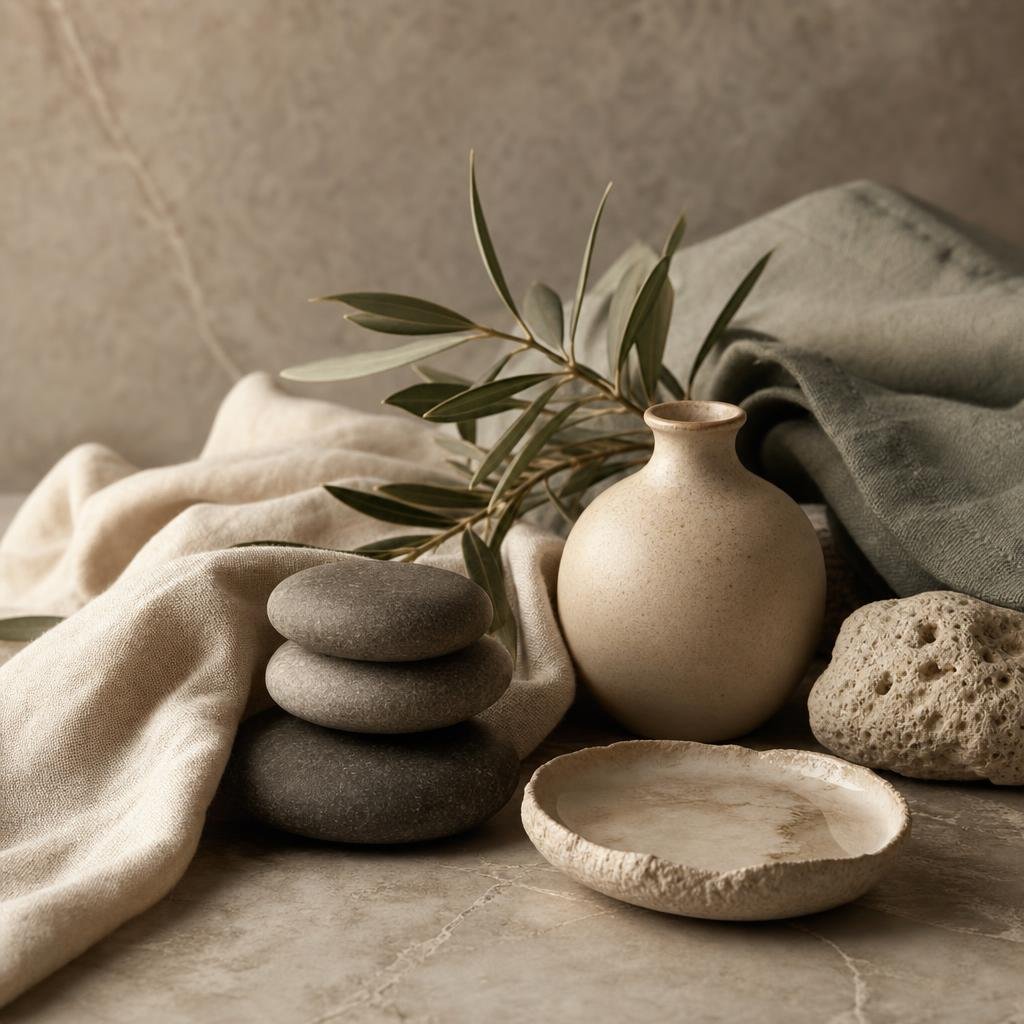 Editorial wellness still life with botanical oil and natural stone