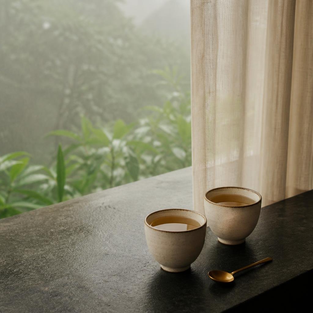 Handmade ceramic cups and a warm herbal infusion