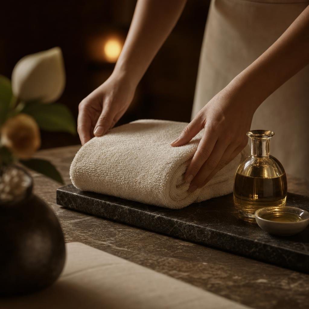 Editorial wellness image of warm oil prepared for a massage experience